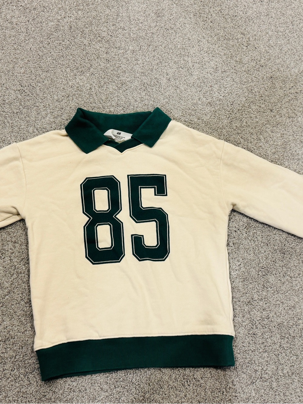 H&M Cream Sweatshirt with Dark Green Collar, Hem and '85' Number